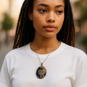 Vintage-Inspired Tigers Eye Pendant Necklace With Marcasite Four-Leaf Clover